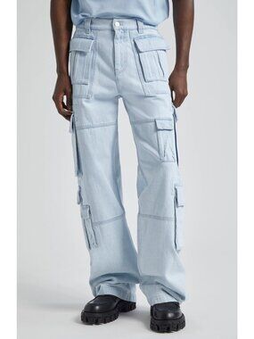 $1650 Versace Mens Nonstretch Denim Wide Leg Cargo Jeans Light Blue Ice Size 34